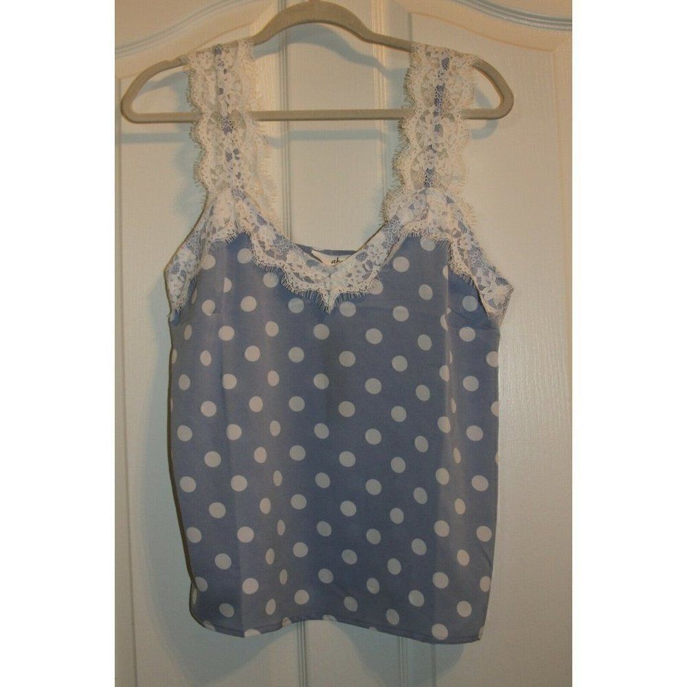 Akaiv Polyester Top Medium Blue White Womens Polka Dot Lace Cami Sleeveless New